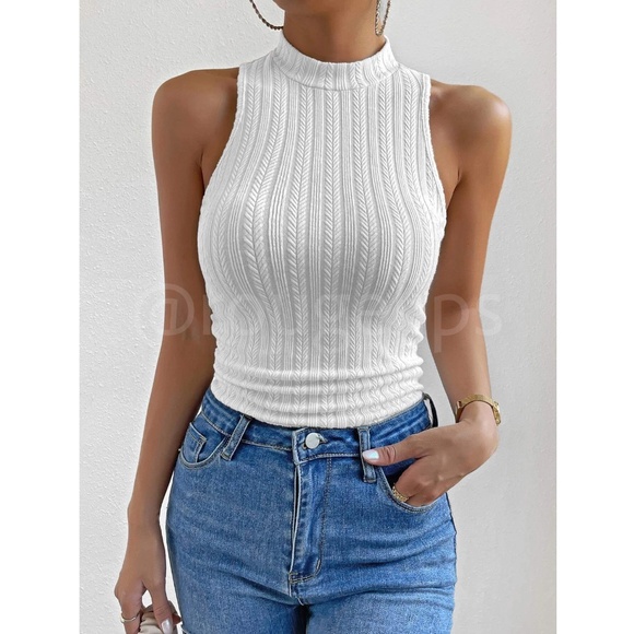 White Textured High Neck Sleeveless Tank Top Slim Fit Stretchy - Picture 5 of 9